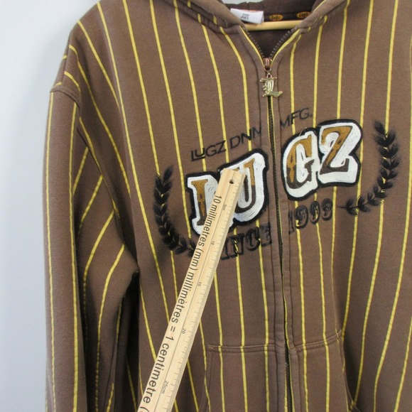 Vtg Y2K Lugz Denim Hoodie Men XL Brown Yellow Striped Logo Skater 1070 - Picture 15 of 16